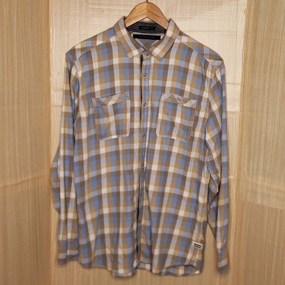 Sean Jean Mens Tailored Fit Plaid Blue Tan Flannel 2XL - Picture 1 of 6